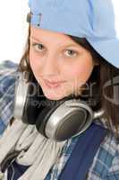 Teenager cute girl enjoy music with headphones