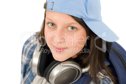 Teenager cute girl enjoy music with headphones