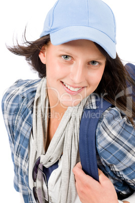Smiling female teenager wear cool outfit schoolbag
