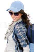Happy female teenager wear cool outfit sunglasses