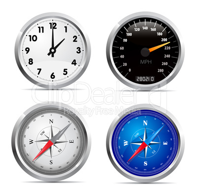 Glossy clock, speedometer and compass set illustration on white background