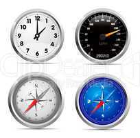 Glossy clock, speedometer and compass set illustration on white background