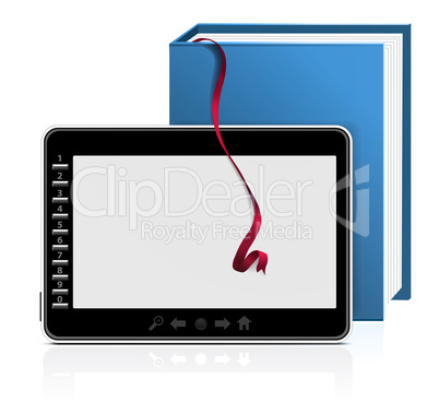 Portable e-book reader with paper book and ribbon