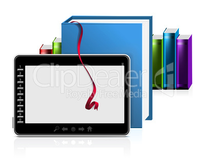 E-book reader with stack of books on white