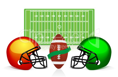 american football field, ball and helmet