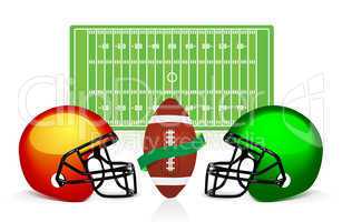 american football field, ball and helmet