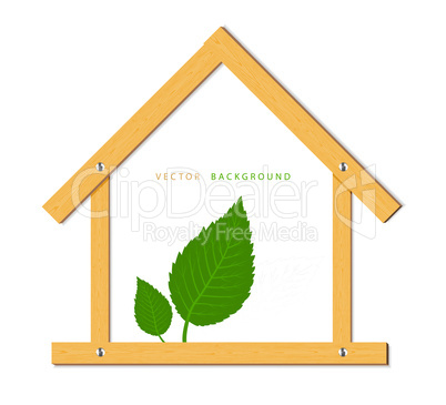 Wooden house and green leaves