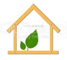 Wooden house and green leaves