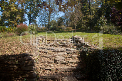 Stone steps lead to garden