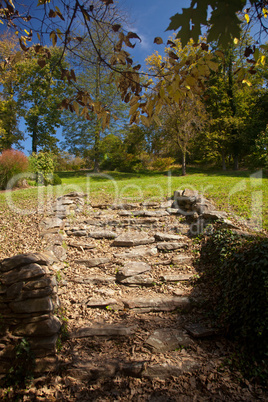 Stone steps lead to garden