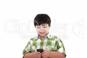 Boy text messaging isolated over white