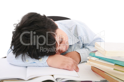adorable boy tired to study a over white background