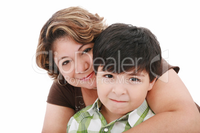 portrait of a mom with her son on a white
