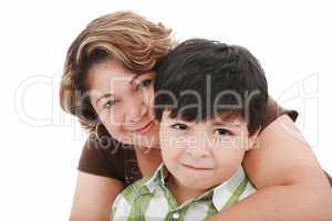 portrait of a mom with her son on a white