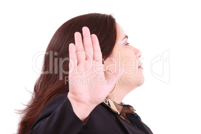 Serious business woman making stop sign over white, focus on wom