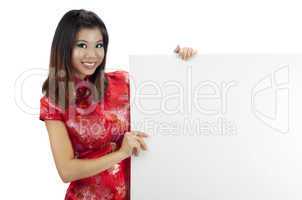 Oriental girl with blank sign
