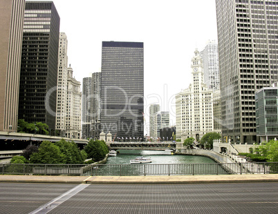 Street view of Chicago Buildings and River, Illinois