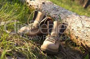 Pair of trekking boots in forest