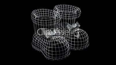 Rotation of 3D shoes.Toy,boot,Christmas,foot,SantaClaus,gifts,isolated,footwear,Grid,mesh,sketch,structure,