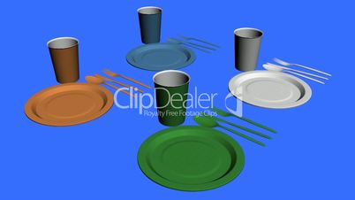 Rotation of 3D Tableware.dishware,fork,restaurant,dinner,knife,plate,