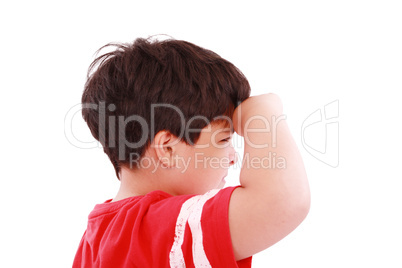 boy intently looking far away, isolated on white background