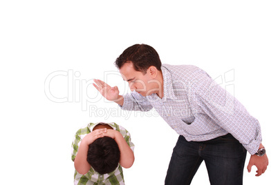 Dad scolding his son, father with son isolated on white