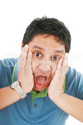 Young man has opened mouth from surprise, isolated on white back