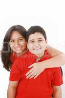 mother embarce her son on white background
