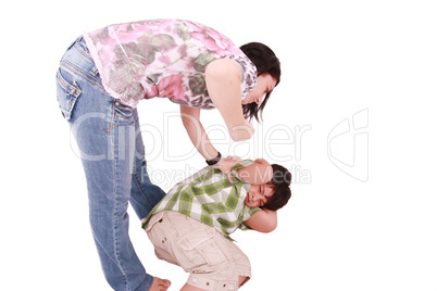 Woman hitting a son who cringes, isolated on white background