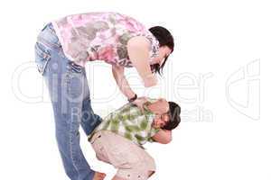 Woman hitting a son who cringes, isolated on white background