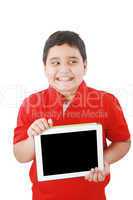 Portrait of a cute young child happy with his new digital tablet