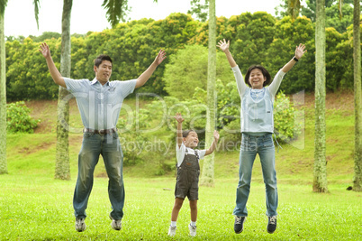Joyful family jumping together