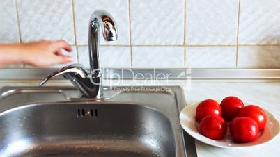 hands of woman wash red tomato