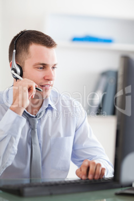 Close up of call center agent speaking with costumer