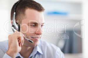 Close up of call center agent talking with costumer