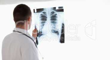 Doctor having a close look at x-ray while holding it against lig