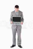 Portrait of a businessman looking at a laptop
