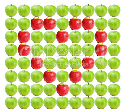 Green wet apples with red apples in heart shape in between