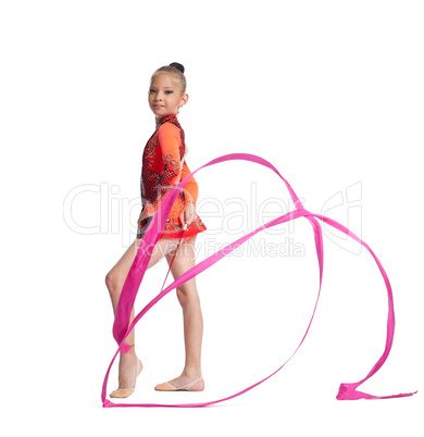 Young teenager girl stand with gymnastics ribbon