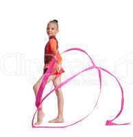Young teenager girl stand with gymnastics ribbon