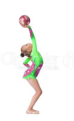 Young girl doing exercise with ball isolated