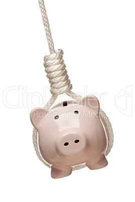 Piggy Bank Hanging in Hangman's Noose on White