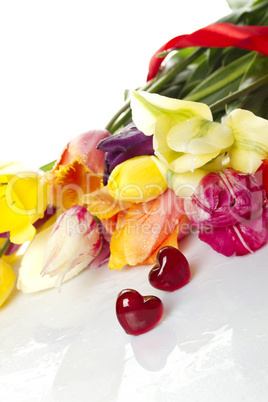 Tulips and two red hearts