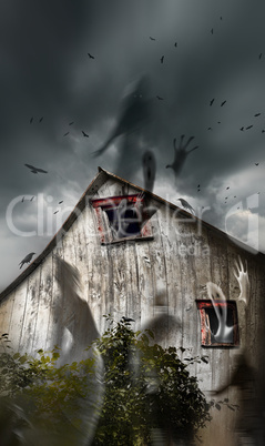 Haunted barn with ghosts flying and dark skies