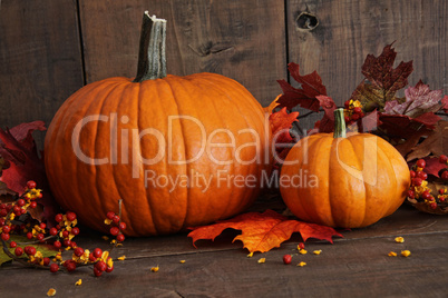 Harvested pumpkins on wood table