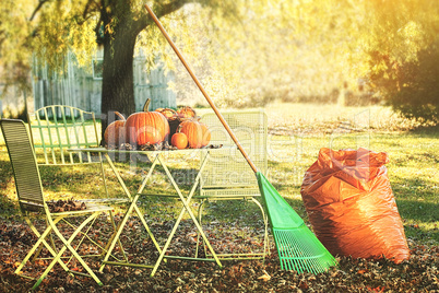 Racking leaves and preparing for Halloween