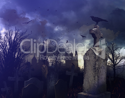 Night scene in a spooky graveyard