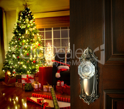 Door opening into a Christmas living room