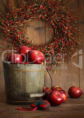 Wood bucket of apples for the holidays