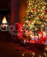 Christmas scene with tree and fire in background